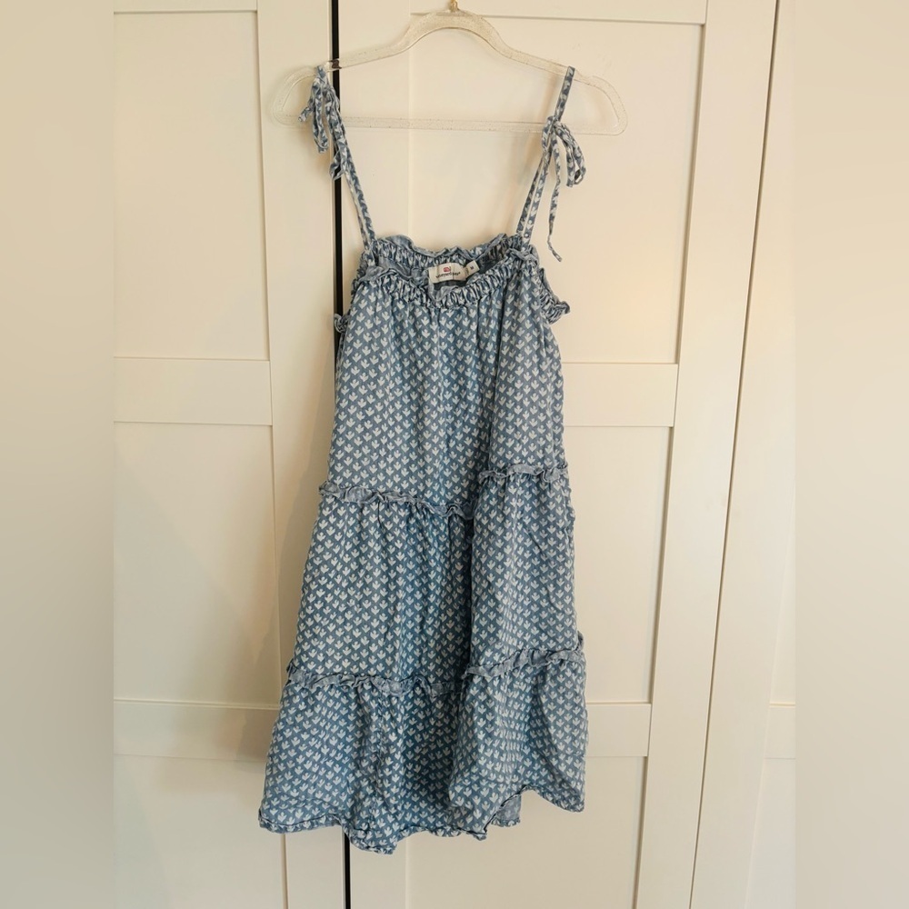Vineyard Vines Blue and White Girl's Tiered Denim Floral Dress Size Medium